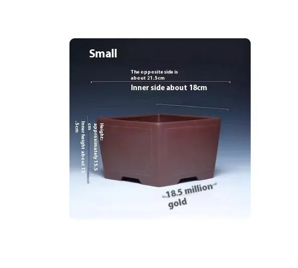 A square purple clay flower pot for succulents or bonsai plants on a tabletop.