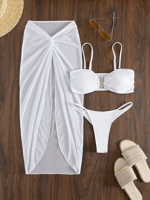 Women's multicolour bikini three-piece set with long culottes French style swimsuit
