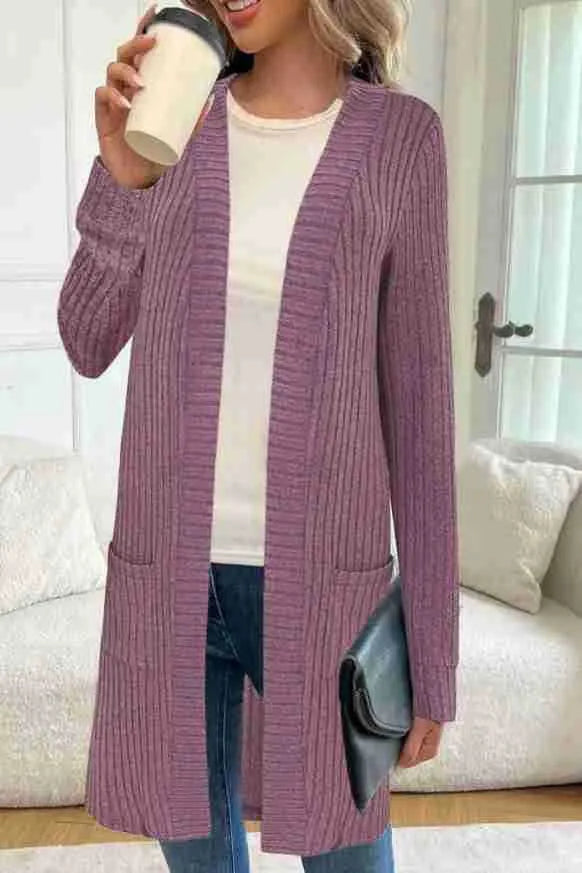 Long sleeve loose pocket cardigan jacket in polyester, shown in black, wine red, or grey.