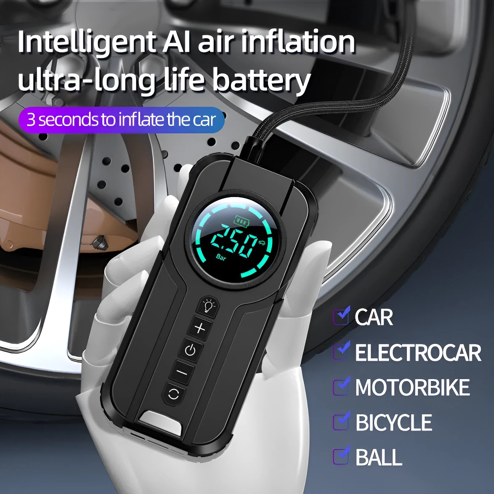 Black portable wireless air pump with digital display, 13cm hose, and accessories including nozzles and power cable on a grey background.