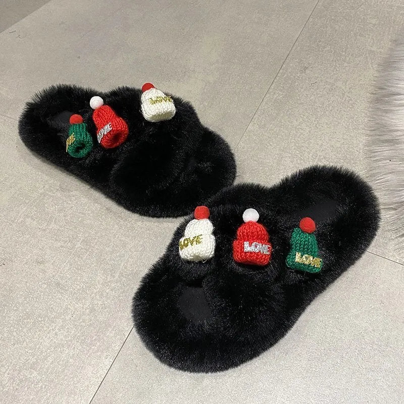 Women's faux plush slippers with a Christmas hat decoration on the upper, shown in available colours.