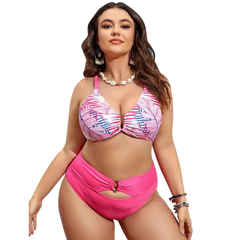 Plus size vintage floral print pink bikini swimsuit set for women.