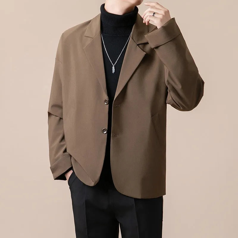 Men's loose casual suit jacket in apricot colour with long sleeves and regular length