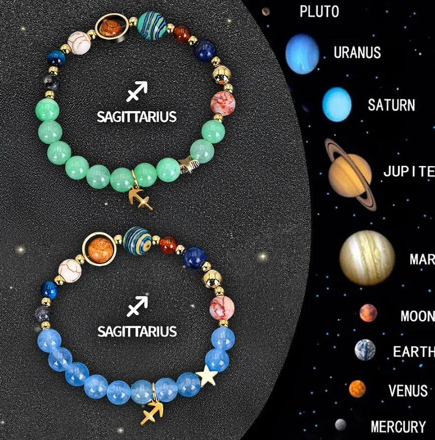 Natural stone beaded zodiac bracelets on elastic cord showing astrological symbols for twelve star signs