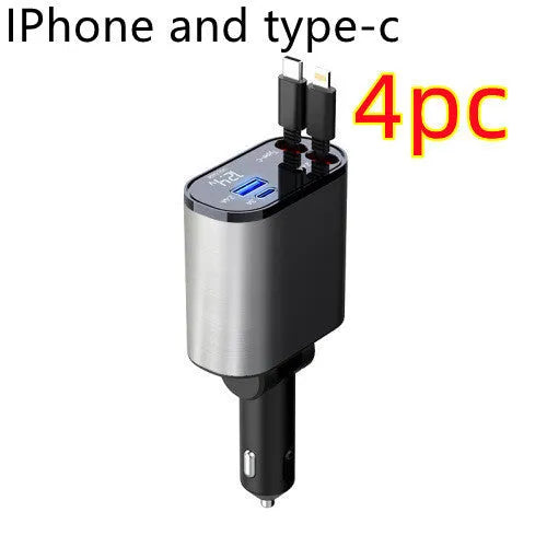 100W metal car charger with retractable cable and adjustable head for fast mobile charging in a car