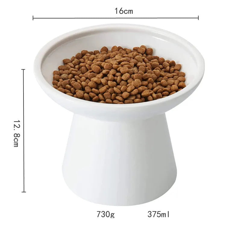 Blue elevated ceramic cat bowl with wide shallow dish on a white background.