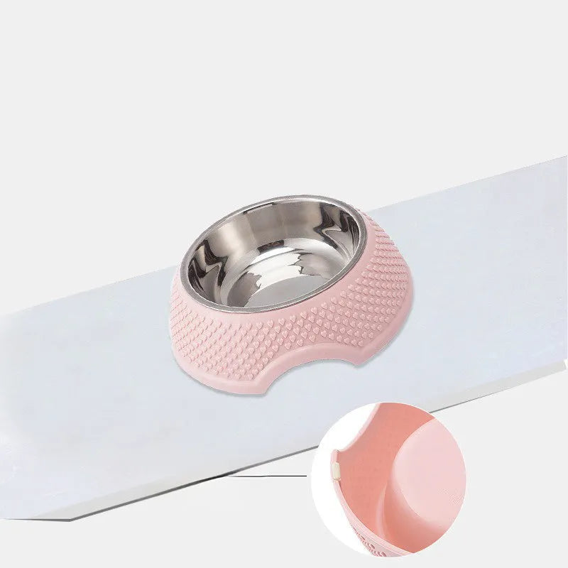 Set of four coloured stainless steel pet bowls with non-slip bases for cats and dogs