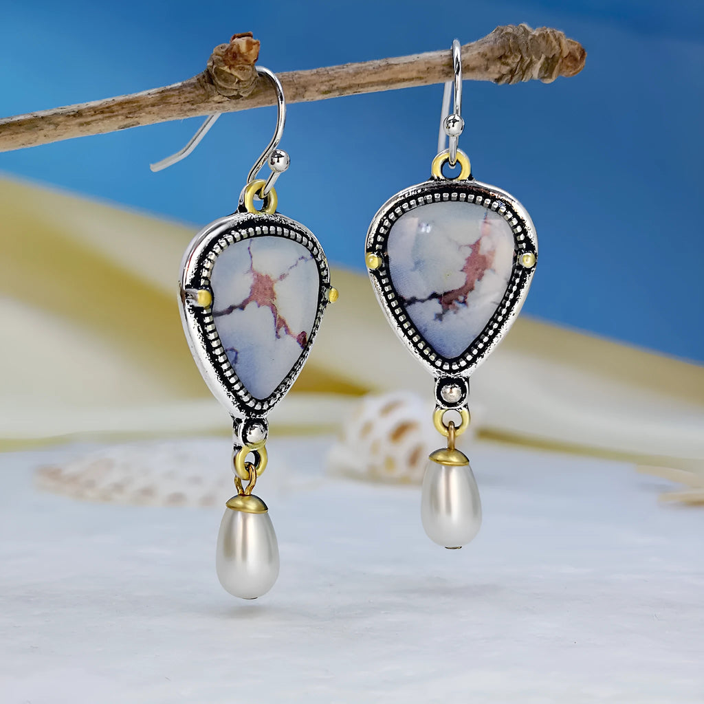Retro blue geometric drop earrings with synthetic opal and pearl on electroplated metal