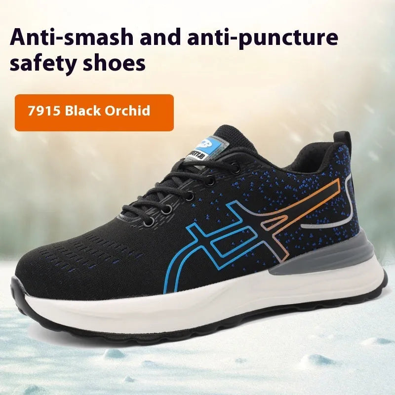 Brown leather anti-smash lightweight safety work shoes with a rubber sole on a grey background