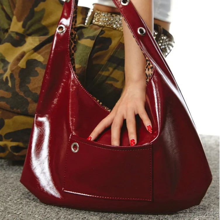 Red leopard print PU leather women's shoulder bag with two straps and dumpling shape