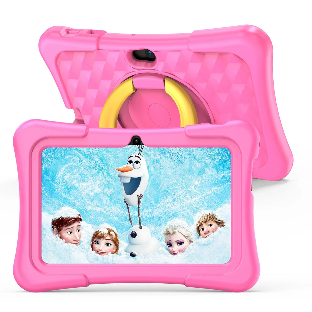 7-inch pink and blue children's educational tablet with silicone protective cover and rotating handle bracket
