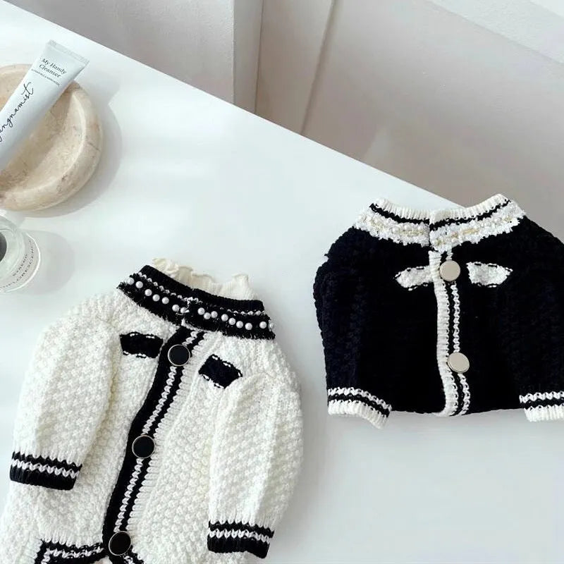 Korean princess style white dog sweater with pearl collar on small dog