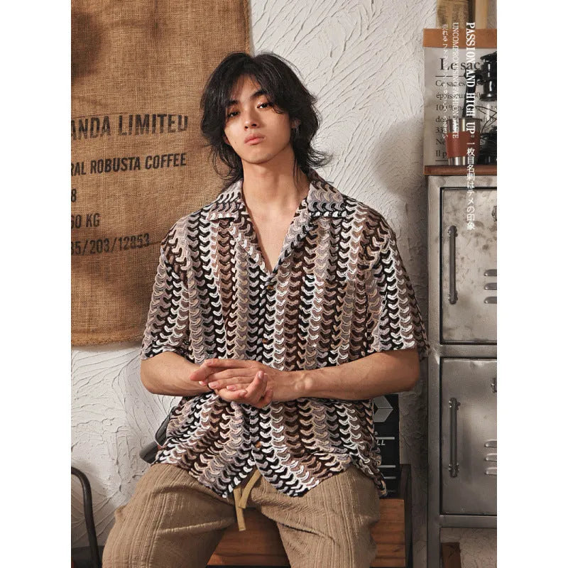 Japanese style Cuban collar men's shirt with hollow jacquard pattern in grey and red colours