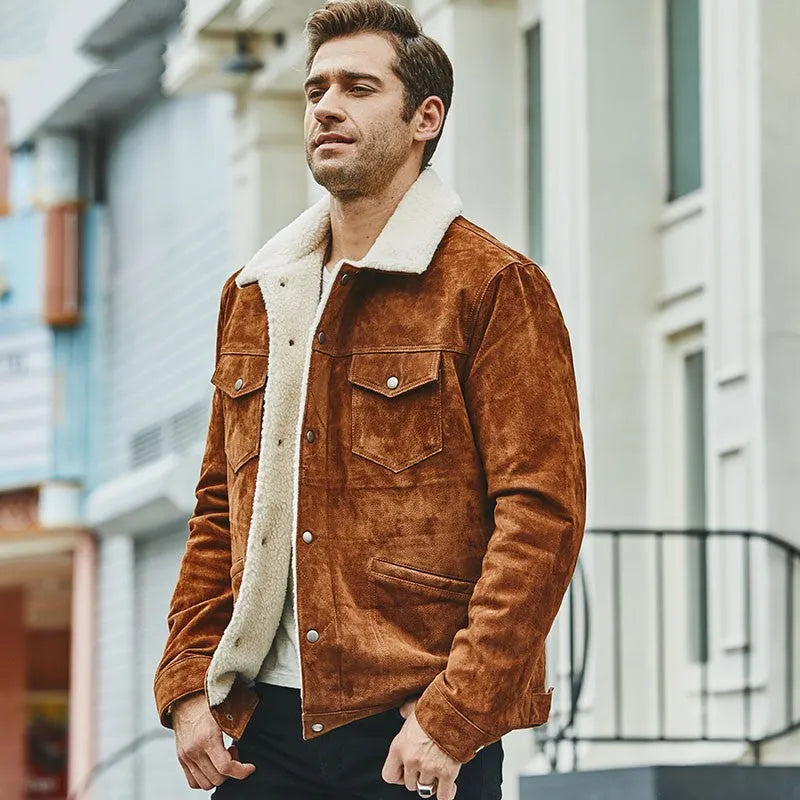Men's brown genuine pigskin leather cotton padded jacket with lapel collar, single-breasted front, regular length straight style