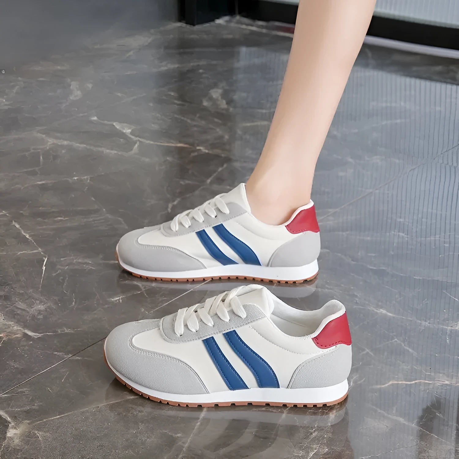 Blue and grey Cortez stripes sports shoes with rubber sole and round toe design