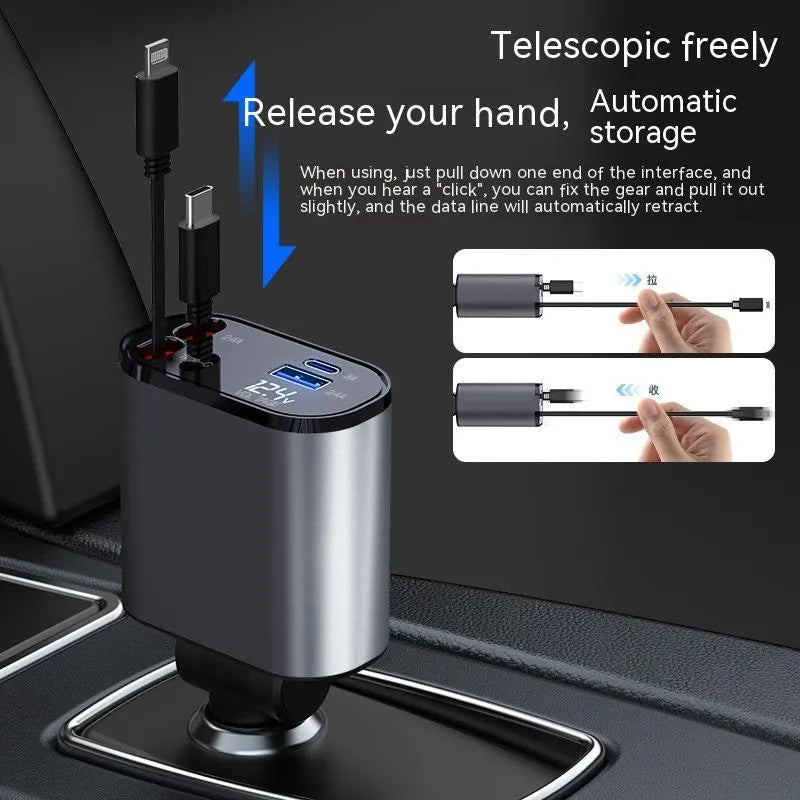 100W metal car charger with retractable cable and adjustable head for fast mobile charging in a car