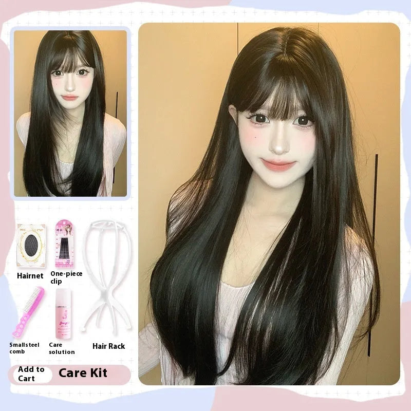 Dark brown long straight synthetic wig with a fringe on a wig head stand.