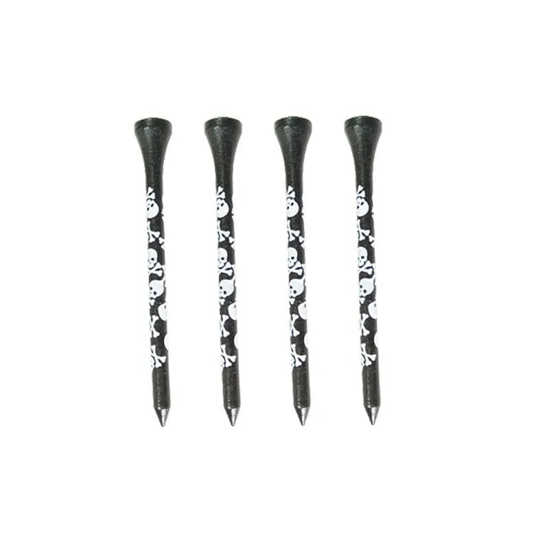 Black bamboo golf tees with skull print design showing 70mm and 83mm lengths