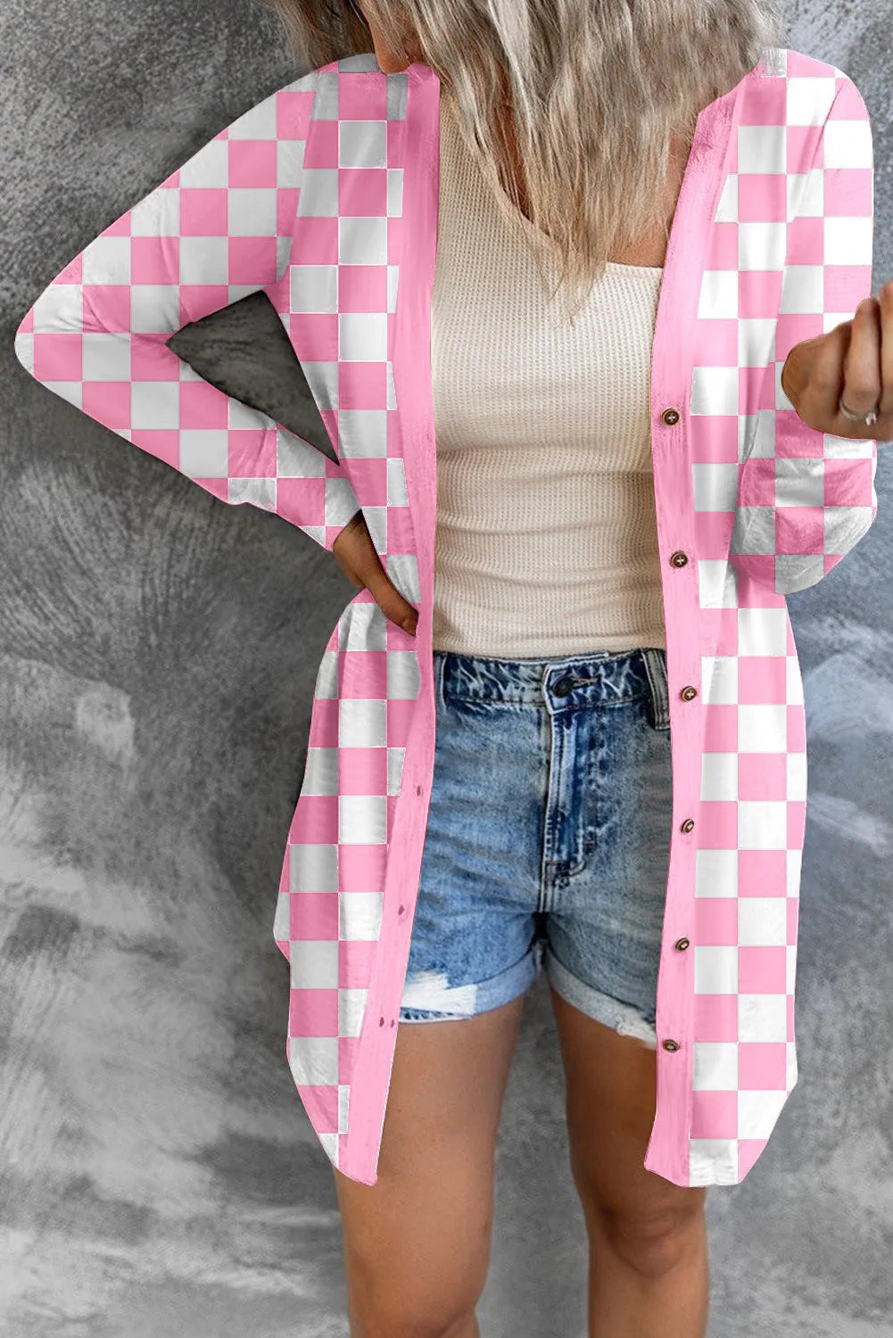Women's long grey plaid loose fit cardigan coat with regular sleeves for street fashion.