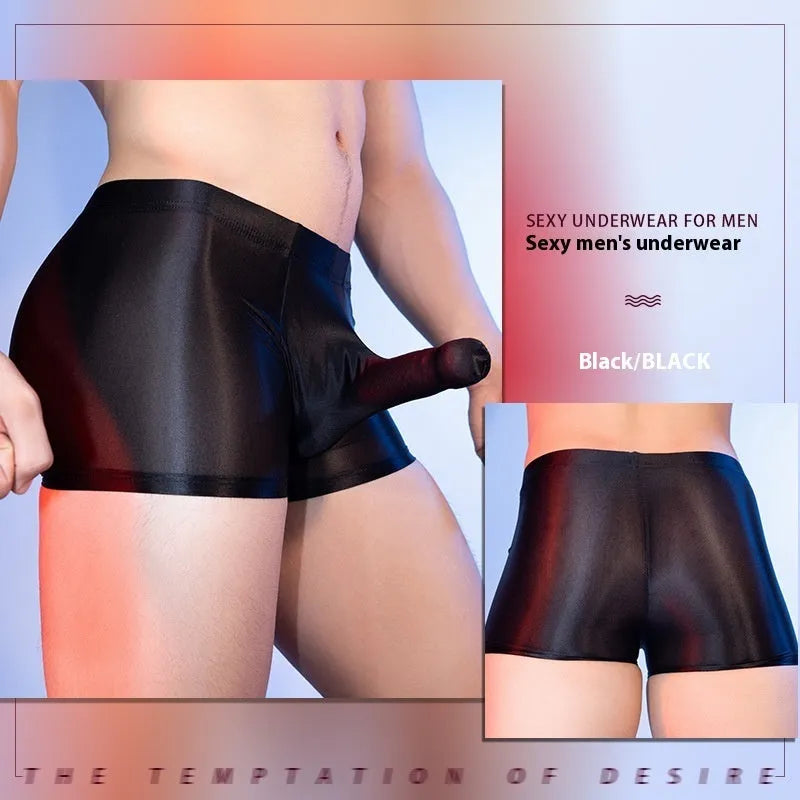 Red men's nylon boxers with an elephant nose design on a mid waist.