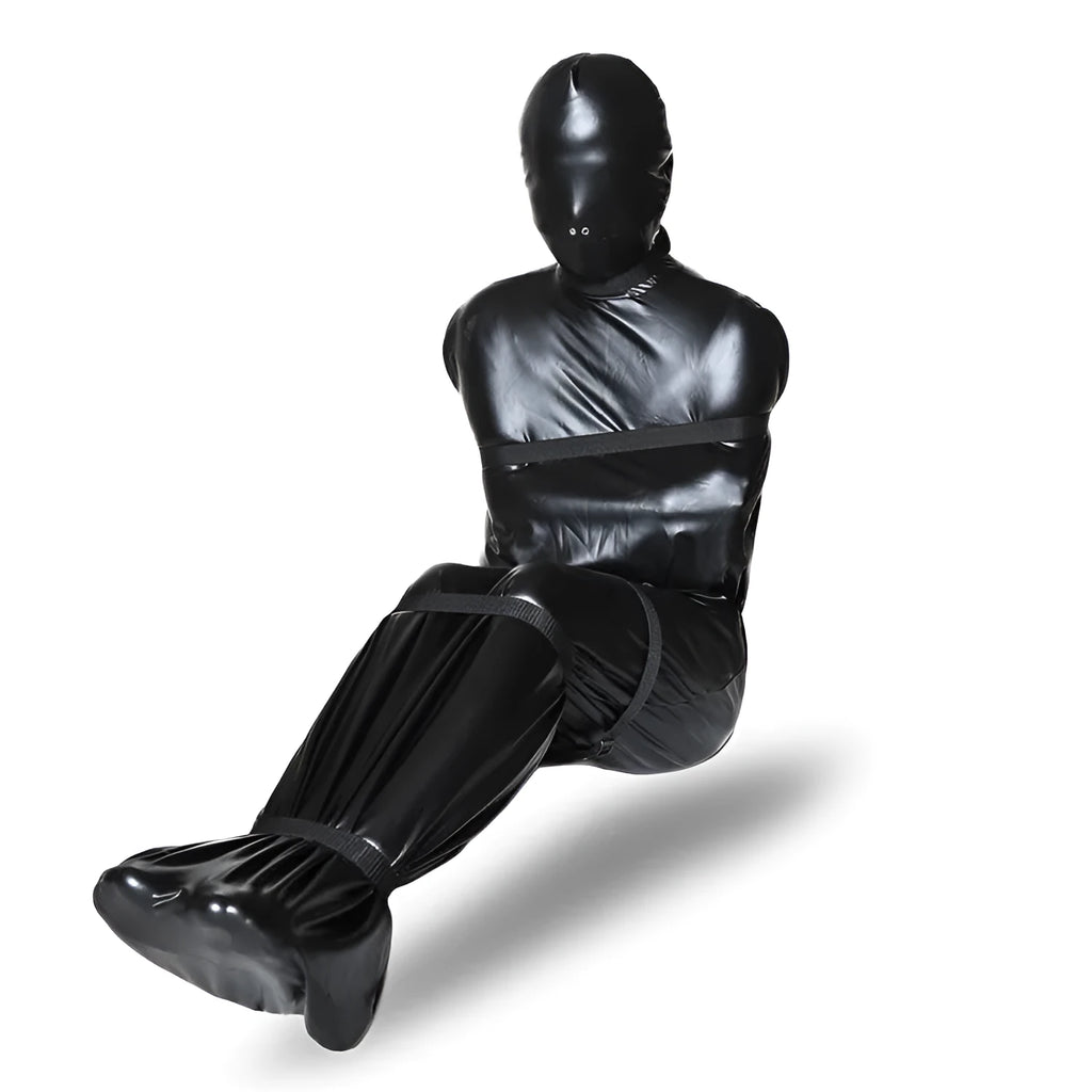 Black patent leather bondage set with full-coverage body wrap and six ratchet tie-downs
