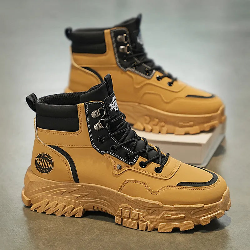 Men's Martin boots in black and yellow with artificial PU upper and mid-calf height