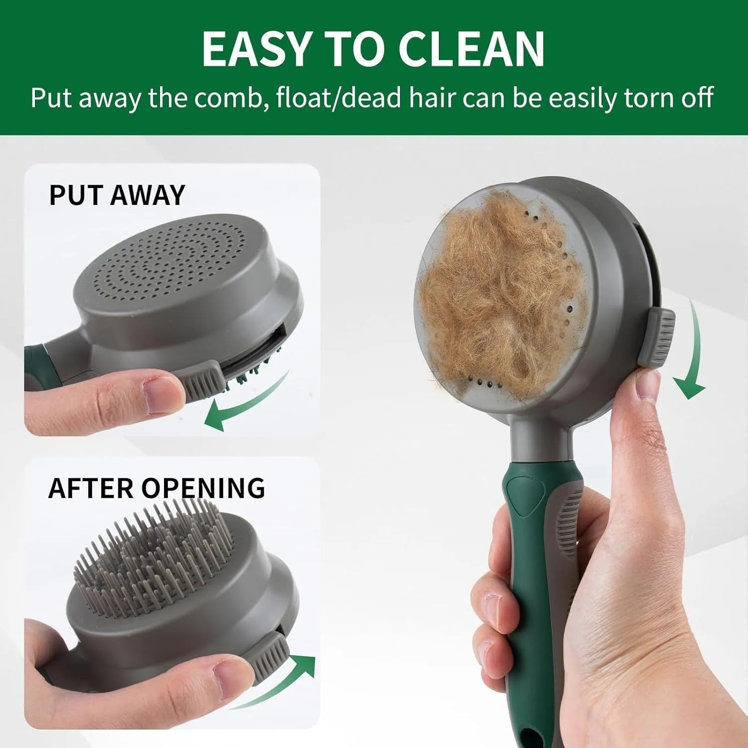 Green and pink 2-in-1 silicone cat grooming brush showing slicker brush and massage heads