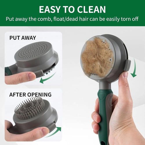 Green and pink 2-in-1 silicone cat grooming brush showing slicker brush and massage heads