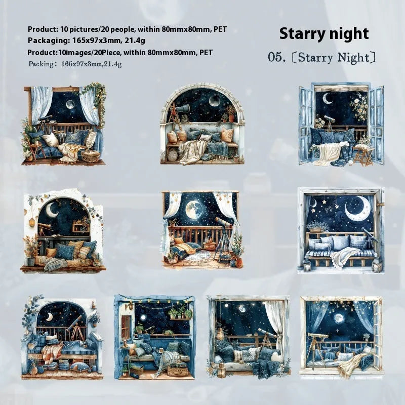 Set of six retro-themed window scene decorative stickers for journals, including seaside and garden designs.
