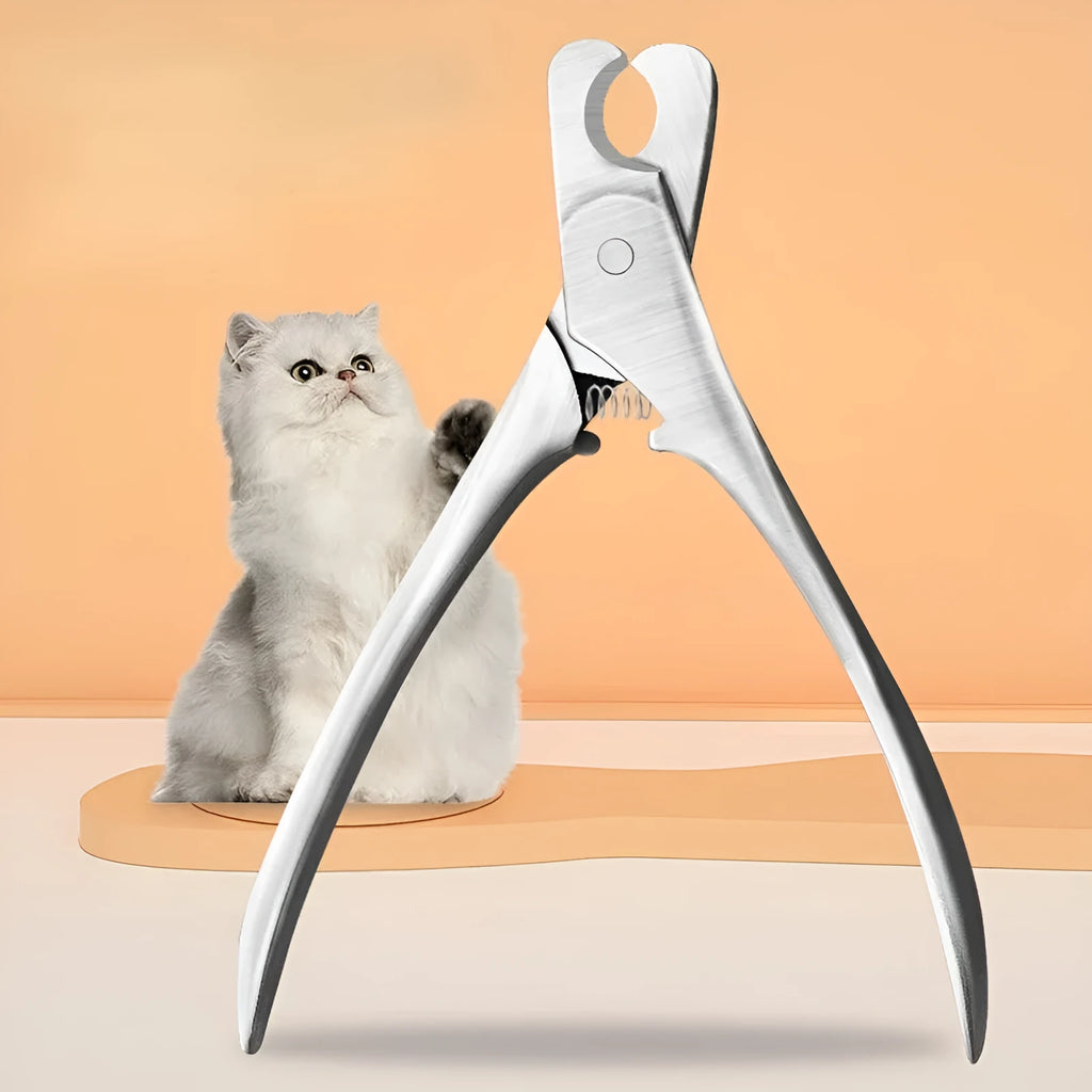 Silver professional stainless steel pet nail clipper with safety guard for dog and cat grooming.