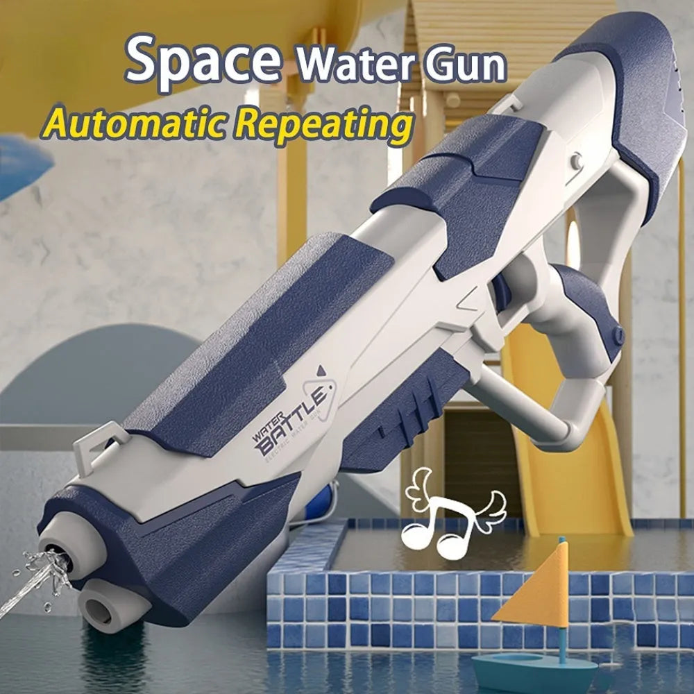 Blue electric water gun with USB charging port and trigger, showing 55cm length scale