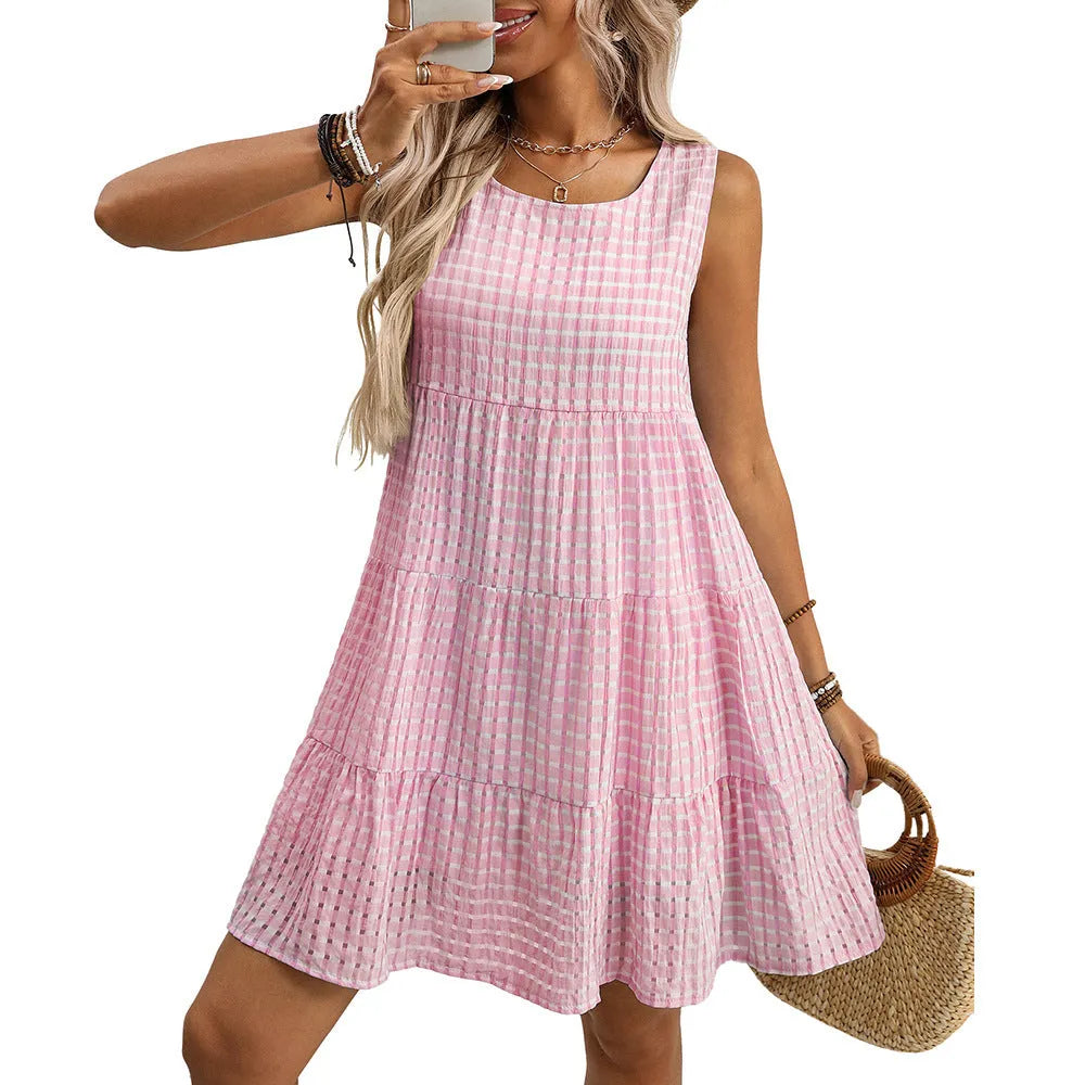 Women's light blue sleeveless plaid dress with high waist and swing skirt on a hanger.