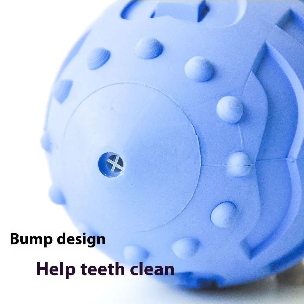 Sapphire blue rugby-shaped rubber dog toy with textured surface for teeth cleaning
