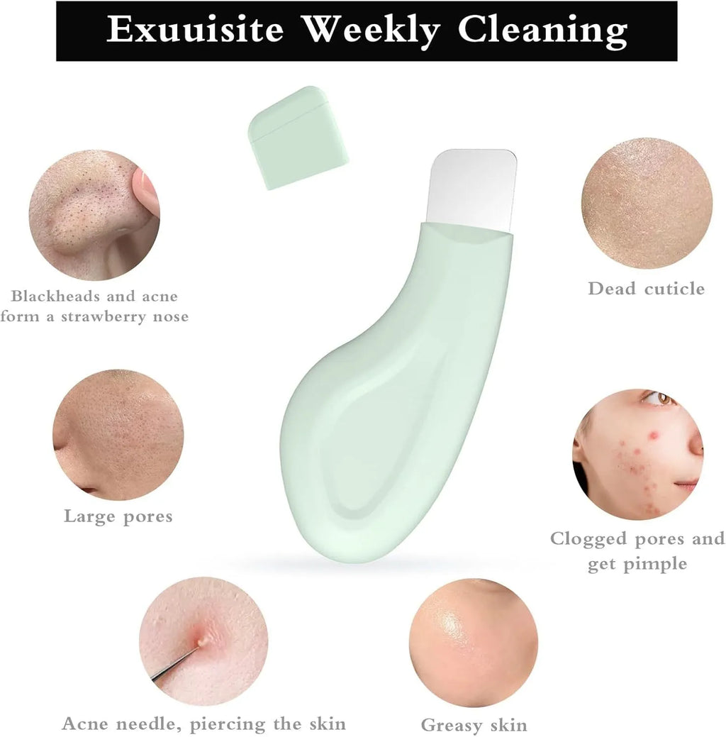 Stainless steel facial pore scraper and blackhead removal tool with a non-slip handle.