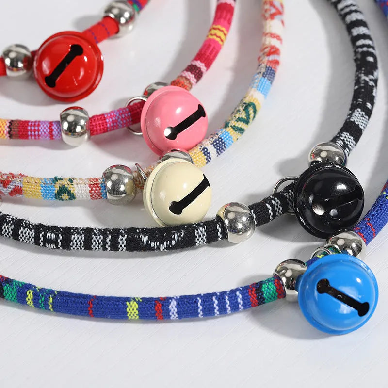 Ethnic pattern pet collar with bell attachment in multiple colour options including black blue pink red white