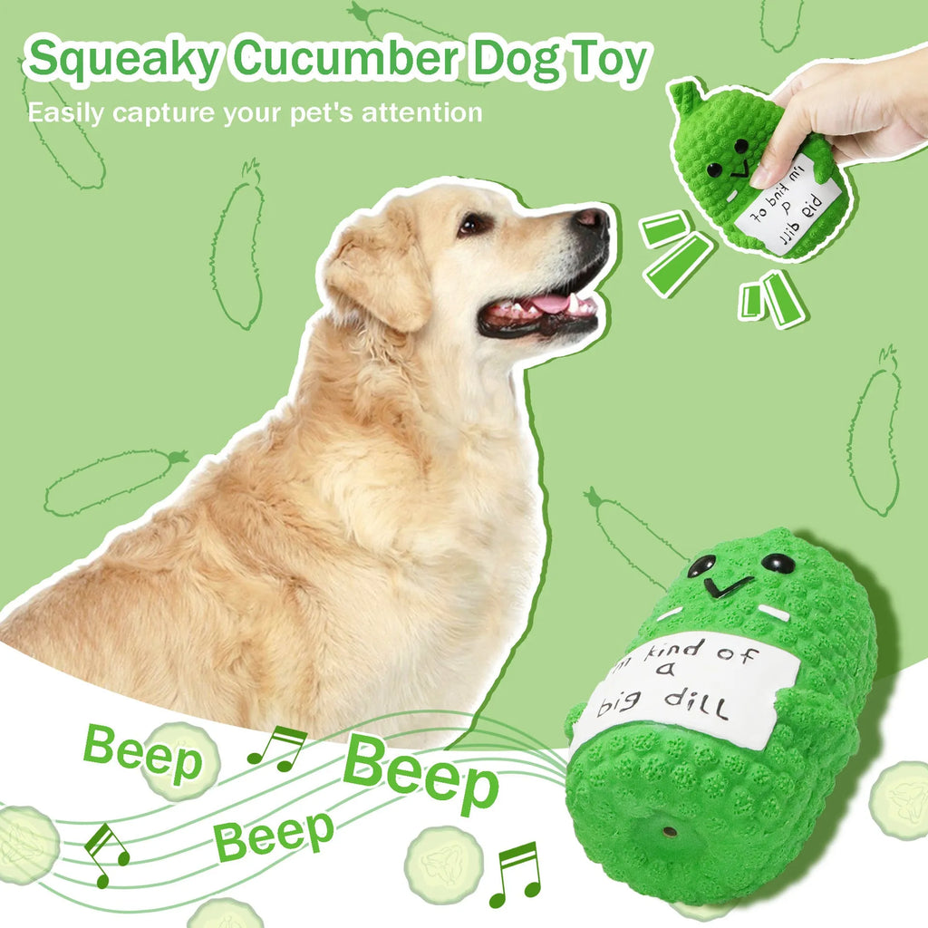 Green latex pickle-shaped dog squeaky toy with textured nubs for chewing.