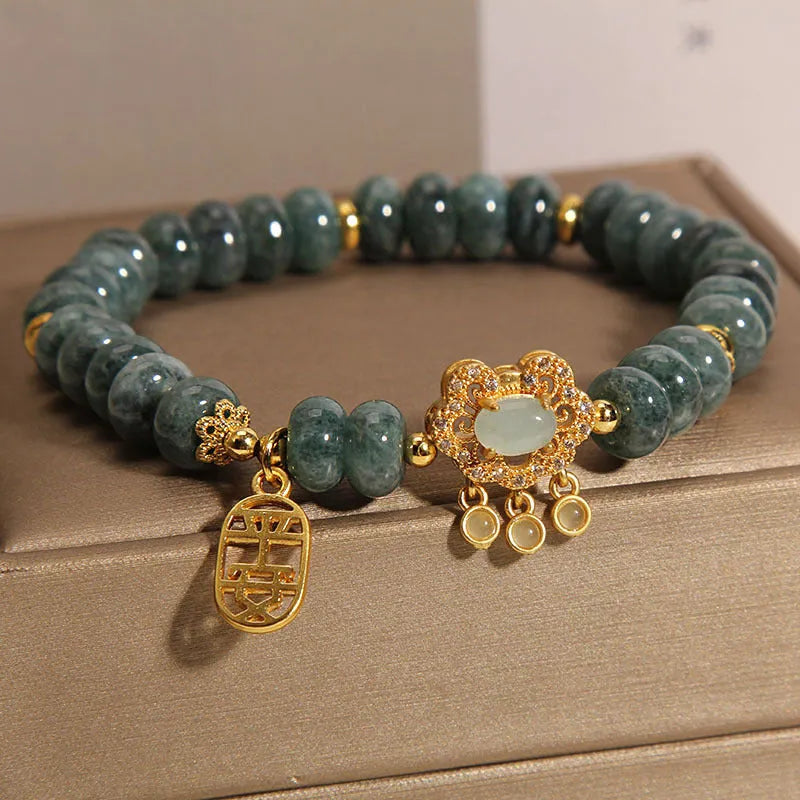 Women's natural green emerald jade abacus bead bracelet with metal alloy safety lock clasp