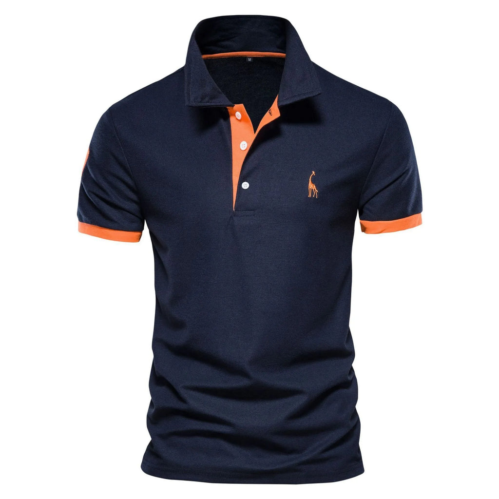 Close-up of a men's slim-fit t-shirt with a detailed embroidered deer design on the chest.