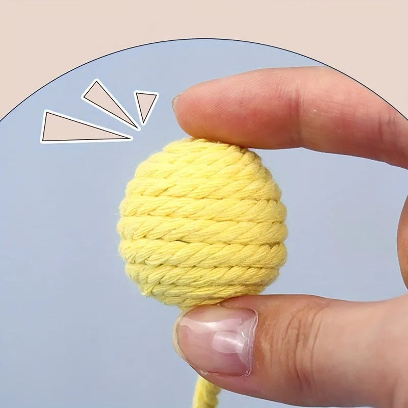 Colourful cat toy ball with rope handle and internal bell in 6cm or 3cm sizes