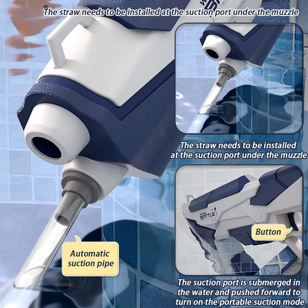 Blue electric water gun with USB charging port and trigger, showing 55cm length scale