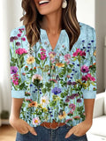 Women's loose fit V-neck T-shirt with 3D printed pattern in Japanese Korean casual style