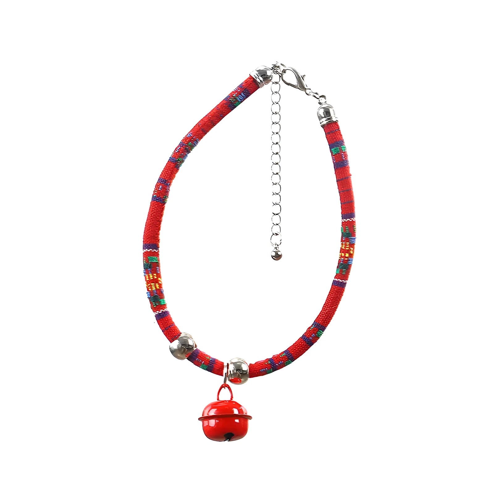 Ethnic pattern pet collar with bell attachment in multiple colour options including black blue pink red white