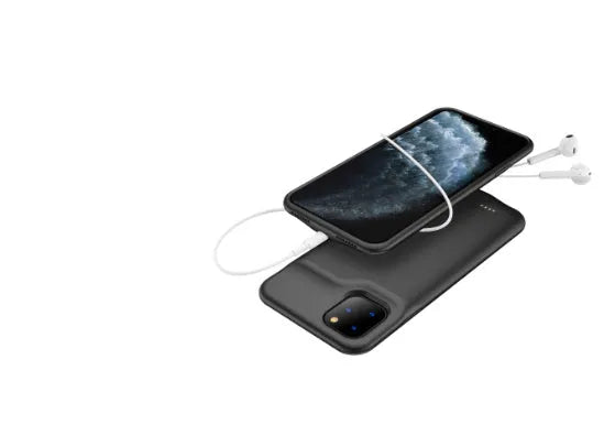 Shockproof silicone iPhone battery charger case in black, blue, pink, or white, showing integrated high-capacity battery.