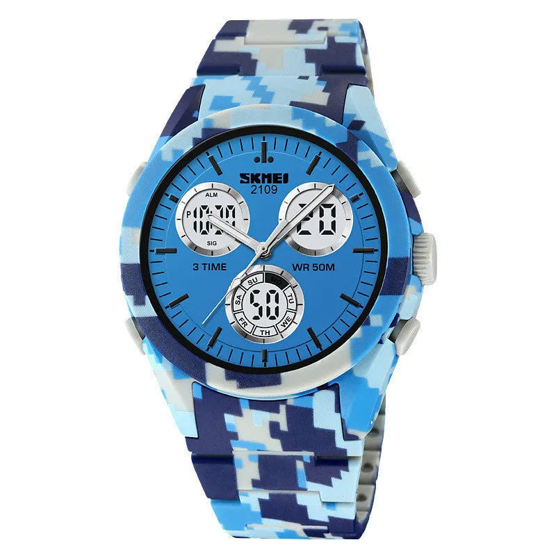 Electronic casual watch with a resin mirror and TPU strap, shown in Army Green camouflage colour.