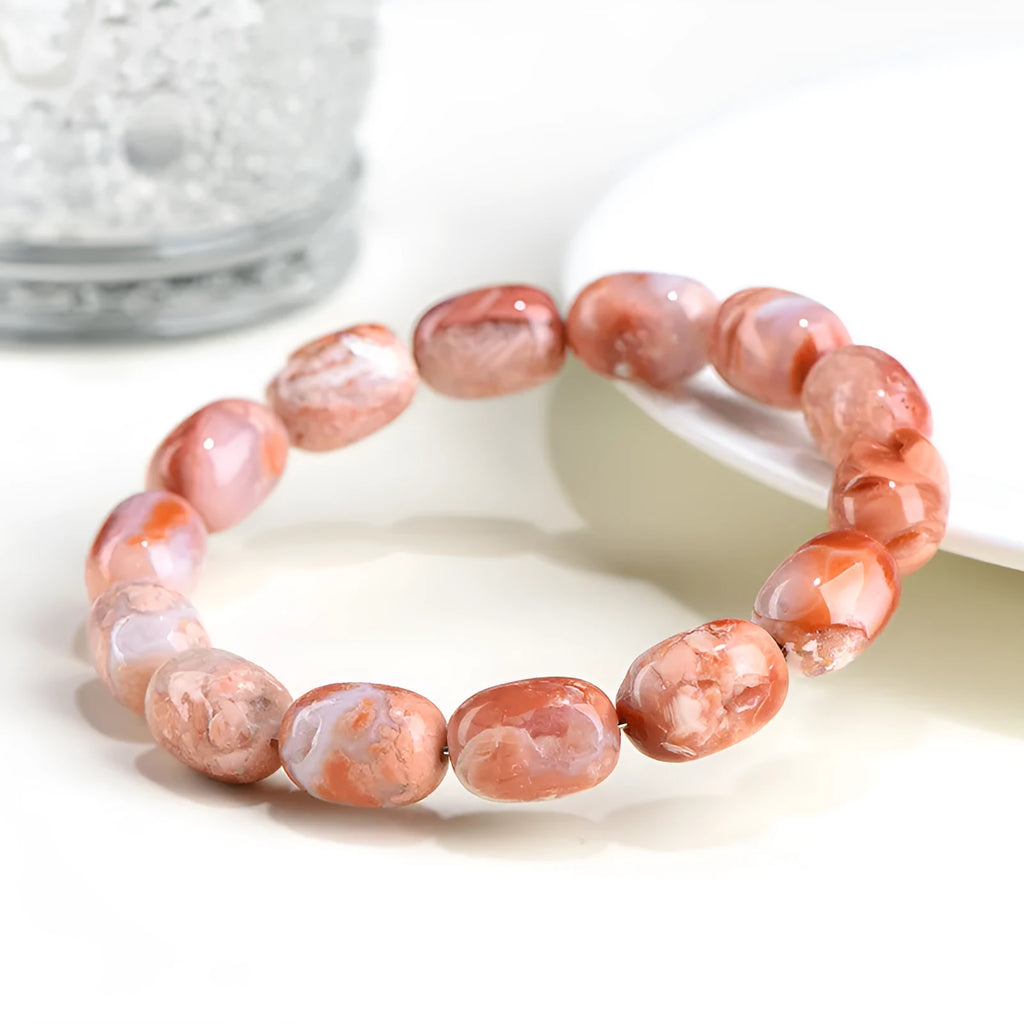 Natural cherry agate barrel bead bracelet with geometric shape and ruyi charm