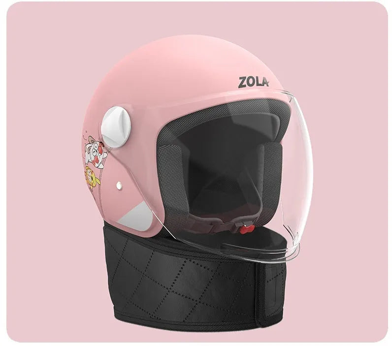 Adult electric bicycle helmet with attached winter scarf and anti-fog visor in blue colour
