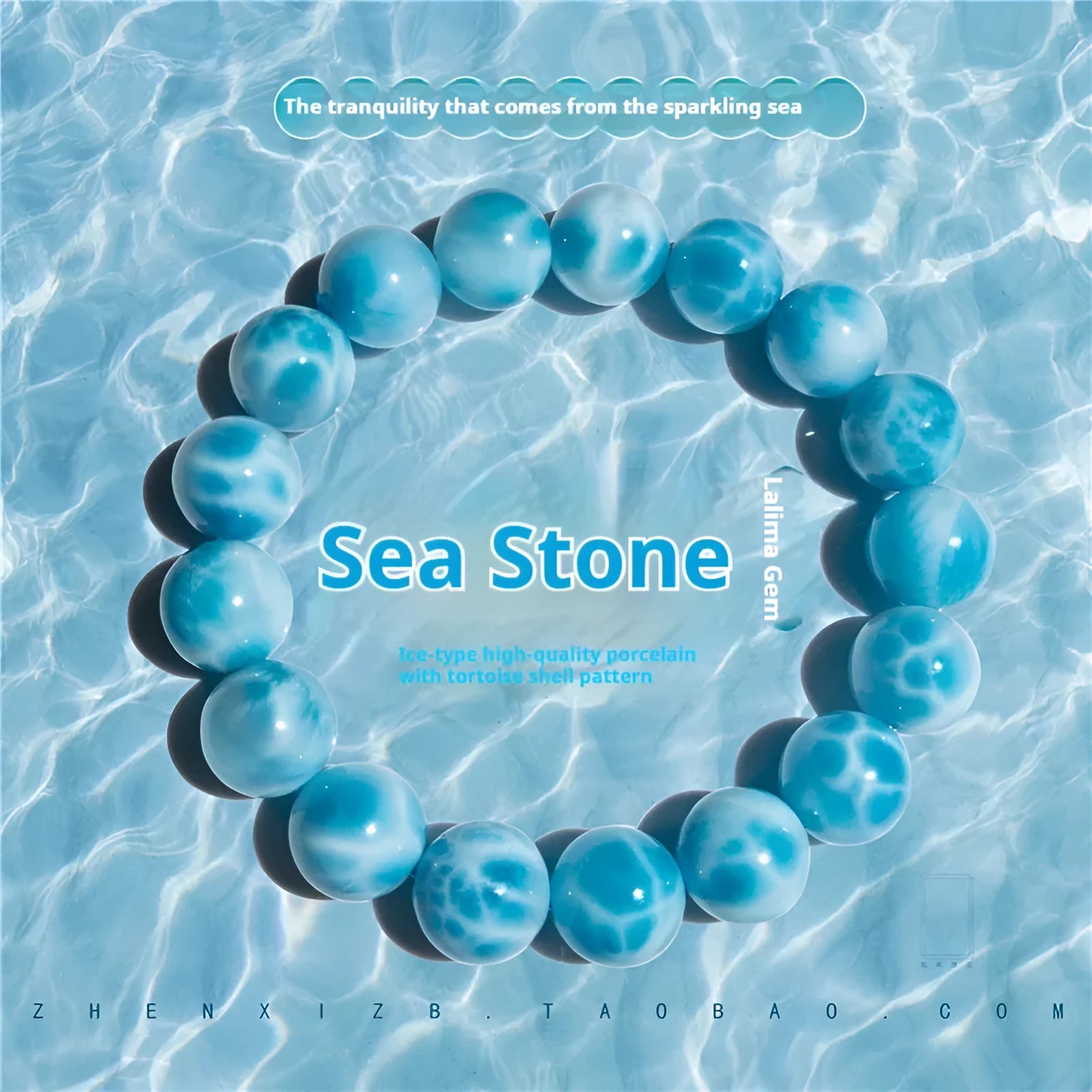 Blue handmade bodhi and pearl bracelet in Maillard style on a neutral background.