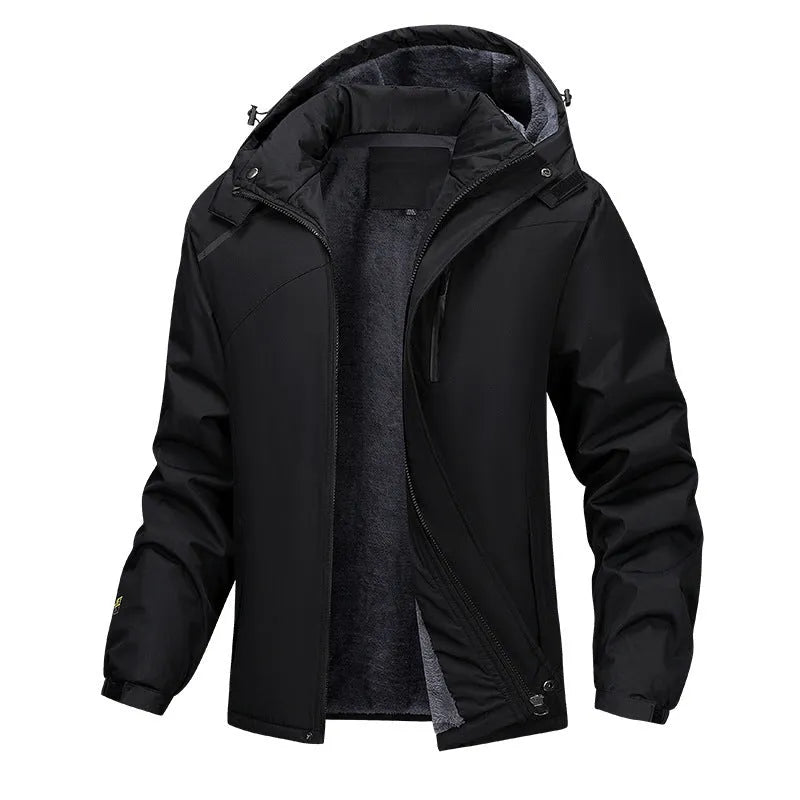 Plus-size men's hooded waterproof coat in Army Green colour showing loose fit and functional design.