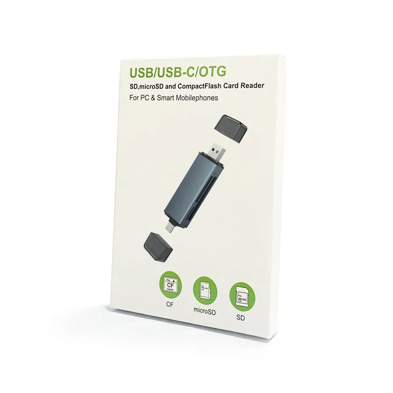 Silver aluminium USB memory card reader for SD, CF, and microSD cards with a USB-C cable.