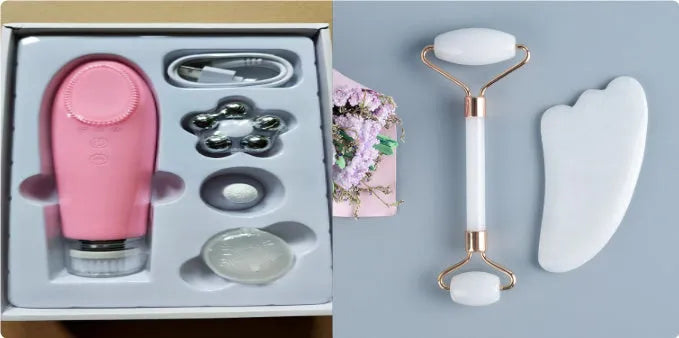 White jade double-headed facial roller and scraping board set on a plain surface.